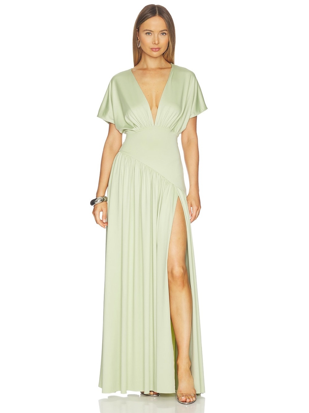 Delfi Collective Sade Asymmetric Maxi Dress Elegant Sage Green V-Neck